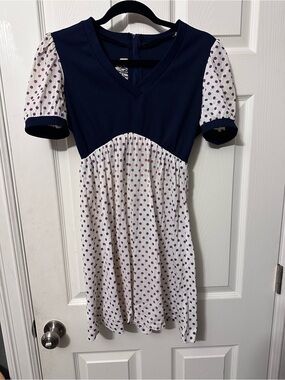 Vintage 70s Oops California Navy and White Polka Dot  Dress